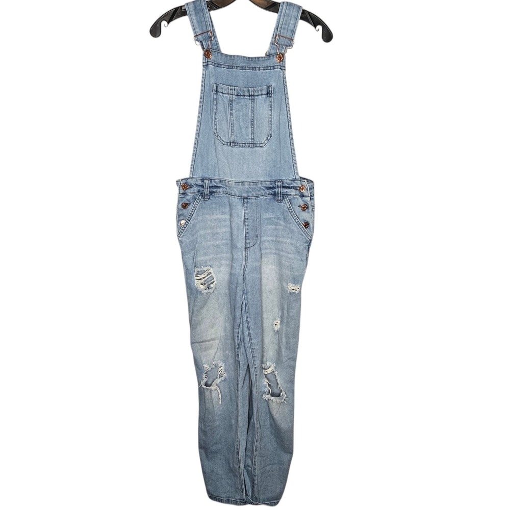 GUESS Jeans Distressed Denim Overalls Light Wash Rose Gold Hardware Size 26